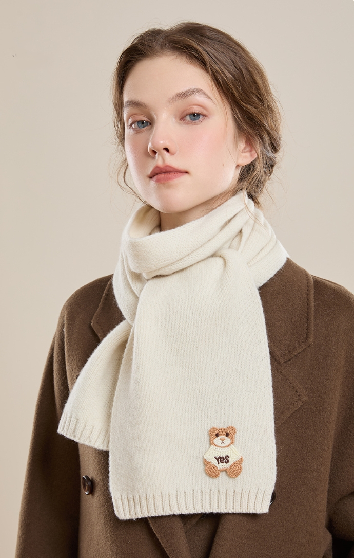 Women's 100% sheep wool scarf with bear pattern, soft and skin-friendly. - AOA Fashion Accessories