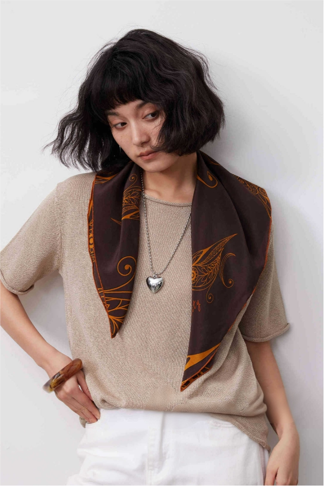 Silk Square Scarf - 65×65 cm Golden Bird Pattern - AOA Fashion Accessories