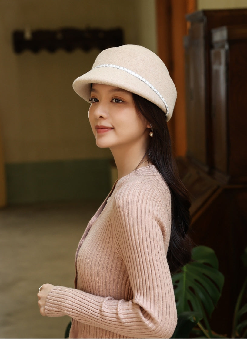 Womens Wool Cloche Hat - With Delicate Floral Decoration - AOA Fashion Accessories