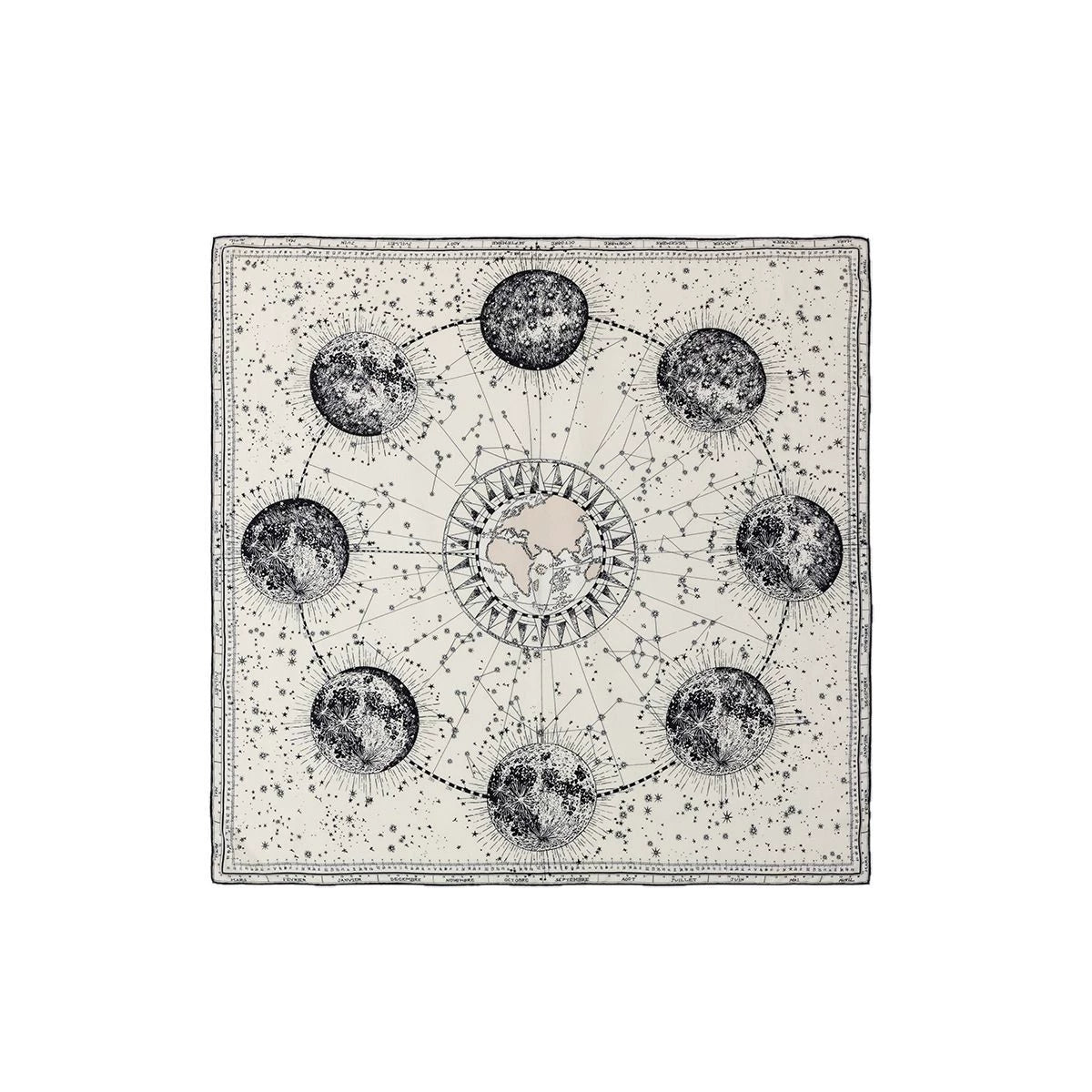 Silk Wool Square Scarf - Cosmic Star Map Print | Beige, 130*130cm, intricate moon and earth design, perfect for celestial fashion, lightweight, elegant.