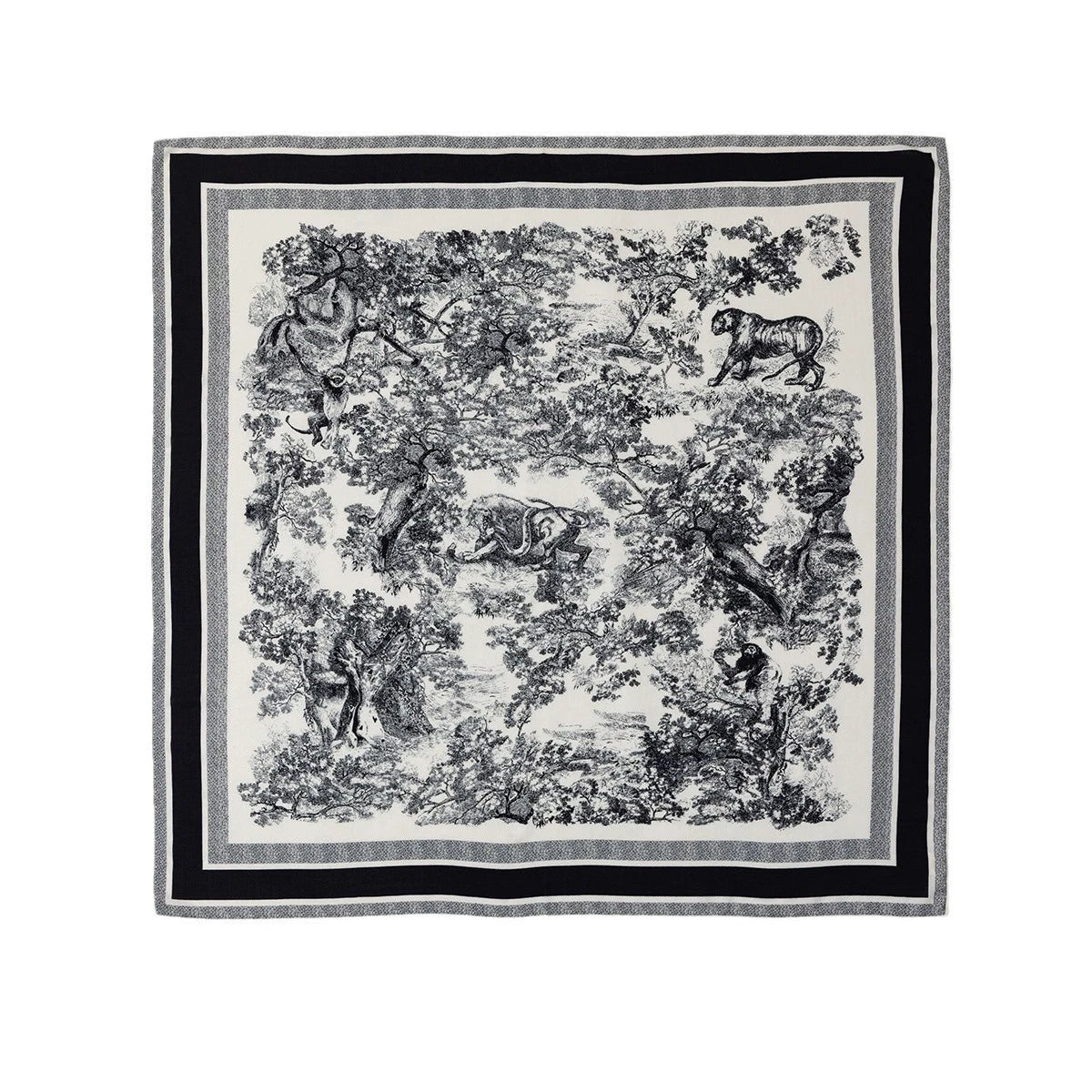 Silk Wool Square Scarf – Animal Jungle Print in Black, 130*130cm, featuring lush trees and wildlife, perfect for stylish winter outfits. 