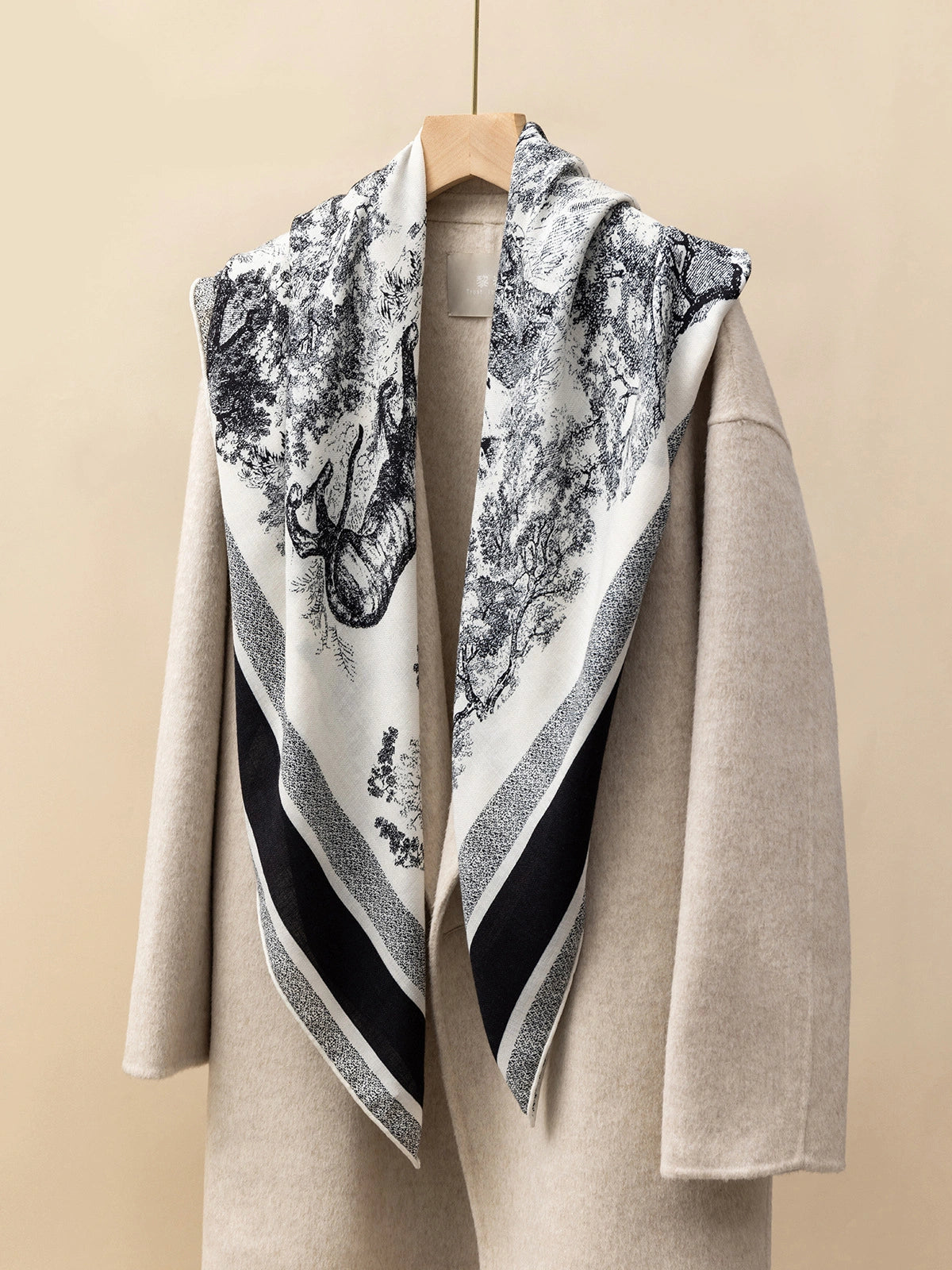 Silk Wool Square Scarf - Animal Jungle Print | Black, 130*130cm, draped view, featuring detailed animal design, perfect for a sophisticated look.