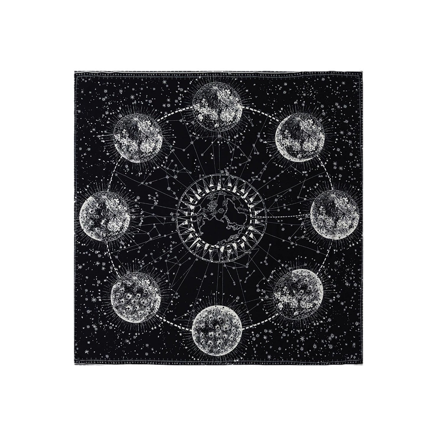 Silk Wool Square Scarf - Cosmic Star Map Print | Black, 130*130cm, intricate moon and earth design, perfect for celestial fashion, lightweight, elegant. 