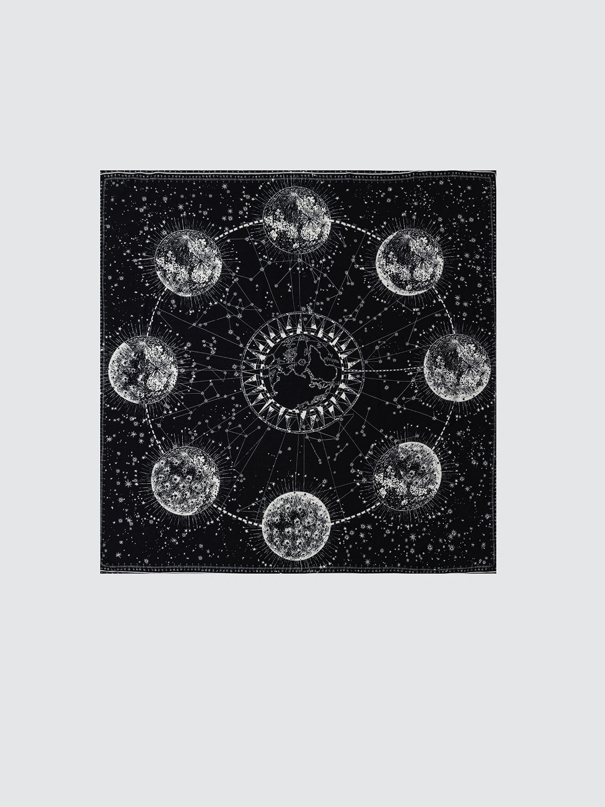 Silk Wool Square Scarf - Cosmic Star Map Print | Black, 130*130cm, full view, detailed cosmic and moon art, ideal for chic, celestial style lovers. 