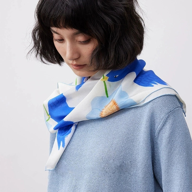 Silk Square Scarf  - Vibrant Blue Bird & Flower Pattern - AOA Fashion Accessories