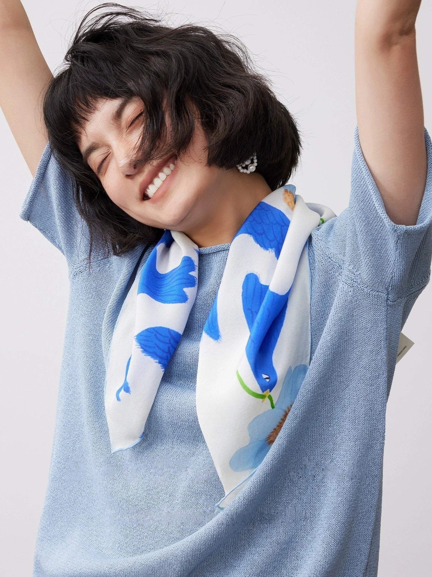 Silk Square Scarf  - Vibrant Blue Bird & Flower Pattern - AOA Fashion Accessories