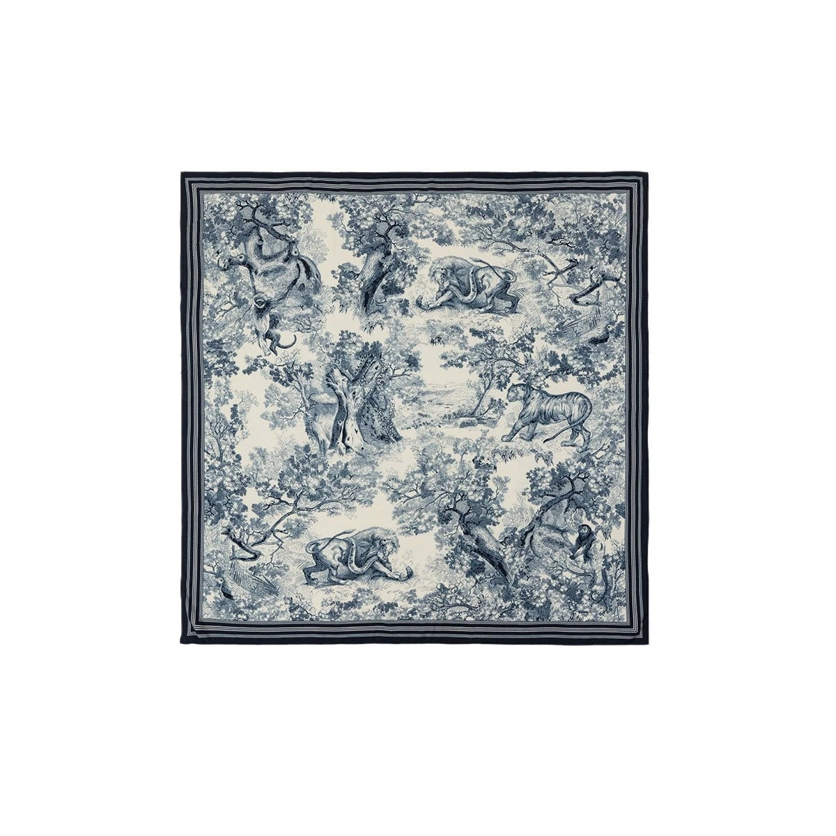 Silk Wool Square Scarf – Animal Jungle Print in Blue, 130*130cm, featuring lush trees and wildlife, perfect for stylish winter outfits. 