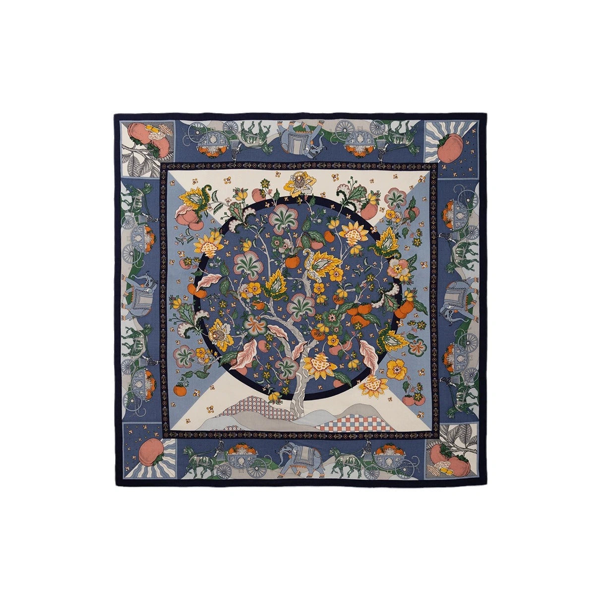 Silk Wool Square Scarf - Persimmon Tree Print | Blue, 130*130cm, elegant floral design with carriages, perfect for fashion, lightweight, luxurious.