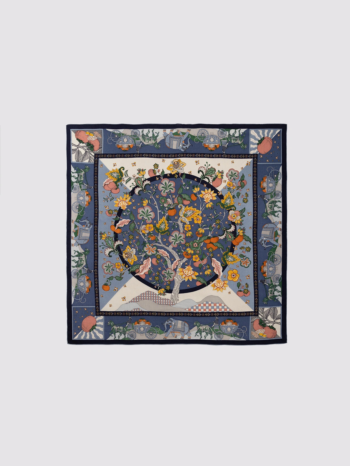 Silk Wool Square Scarf - Persimmon Tree Print | Blue, 130*130cm, flat lay view, detailed floral and carriage design, luxurious and versatile fashion piece. 