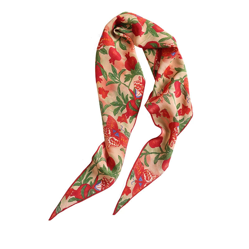 Blush pink triangle silk scarf with pomegranate butterfly print on white background