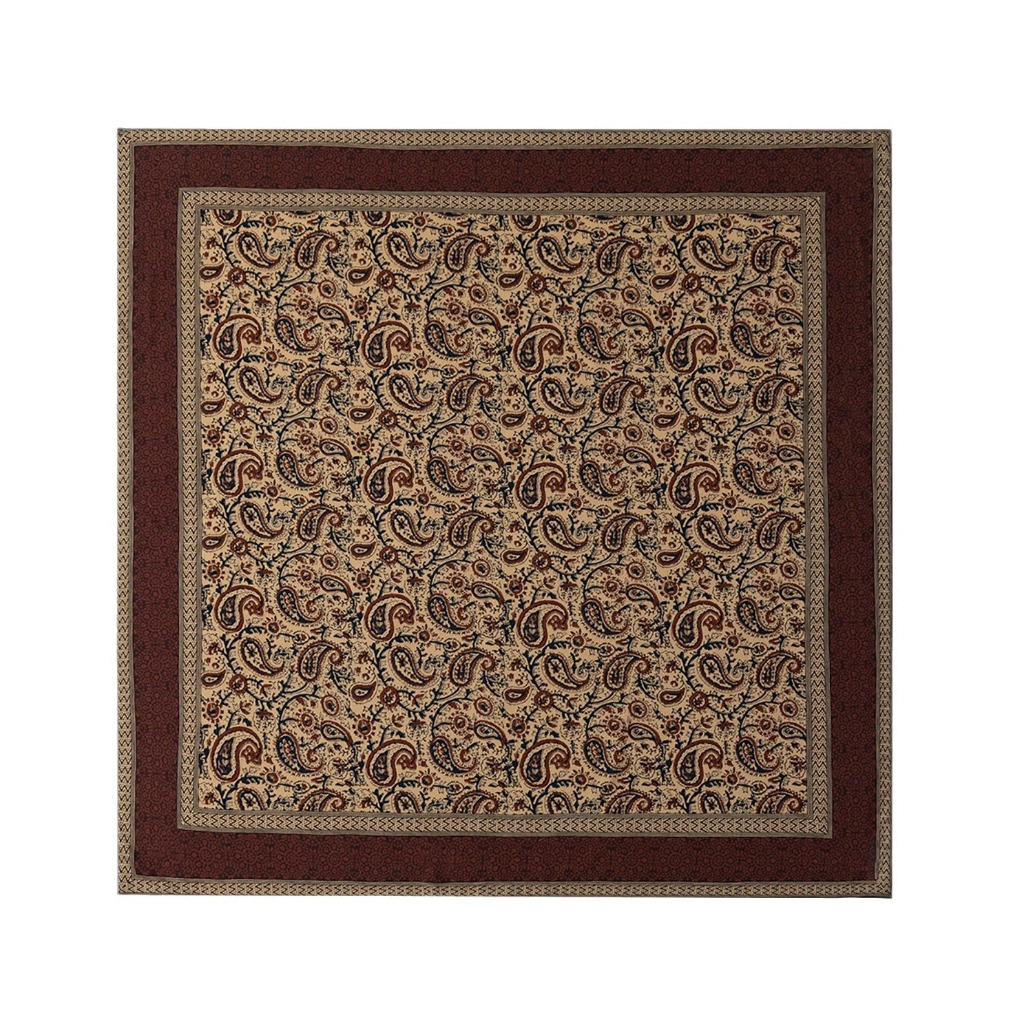 Vintage brown silk wool square scarf with paisley pattern, 130x130cm, elegant heritage design for women and men.