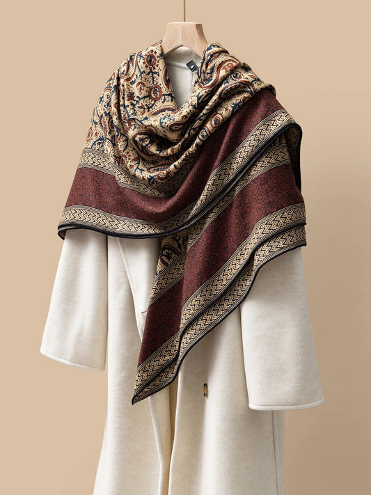 Silk Wool Square Scarf – Vintage Paisley Design | Brown, 130*130cm, angled on coat, showcasing detailed paisley motifs, stylish and luxurious scarf.