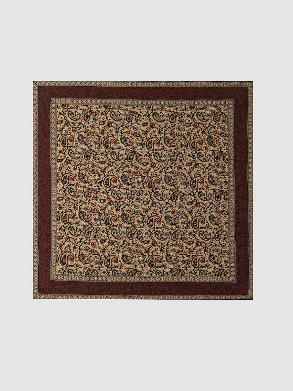 Silk Wool Square Scarf – Vintage Paisley Design | Brown, 130*130cm, full flat view, displaying rich paisley print, ideal for elegant styling.