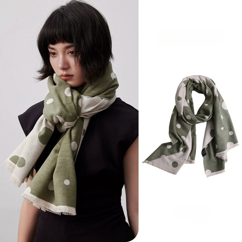Olive green polka dot brushed silk scarf worn as a soft winter neck scarf