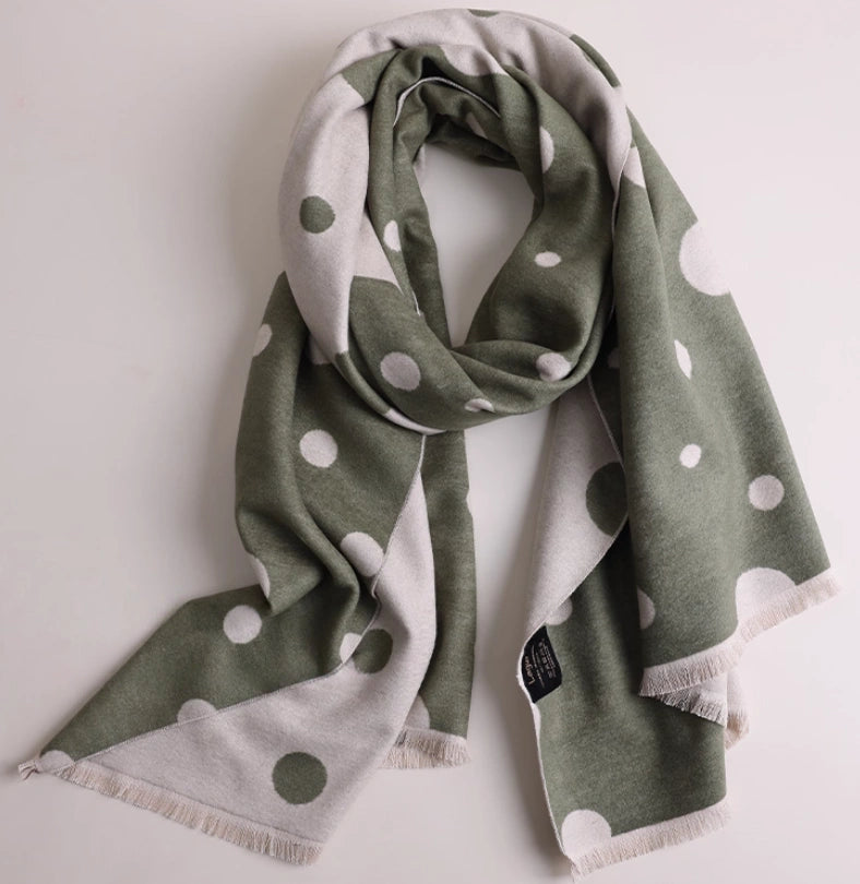 Olive green large brushed silk scarf displayed flat to show its polka dot pattern and delicate edges