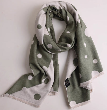 Olive green large brushed silk scarf displayed flat to show its polka dot pattern and delicate edges