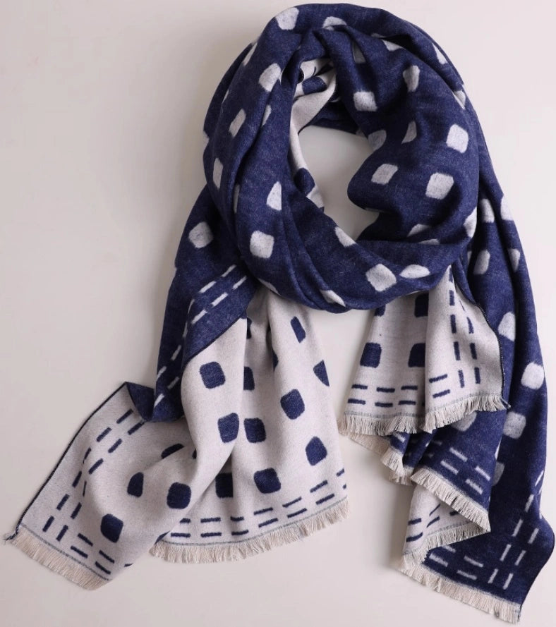 Navy blue large brushed silk scarf displayed in a loose drape with ivory geometric print