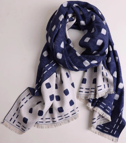 Navy blue large brushed silk scarf displayed in a loose drape with ivory geometric print