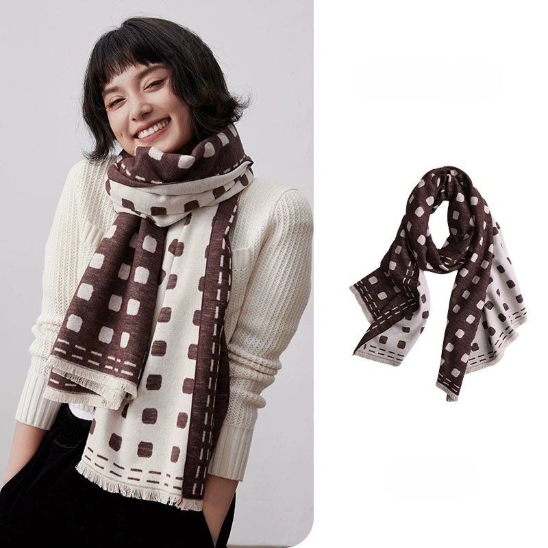 Brown polka dot large brushed silk scarf styled with a cream sweater for elegant everyday wear