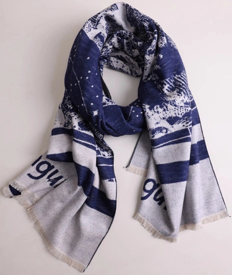 Navy blue large brushed silk scarf displayed in a soft draped shape with abstract artistic print
