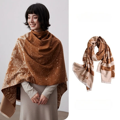 Warm brown large silk shawl with brushed finish styled as a luxury winter wrap