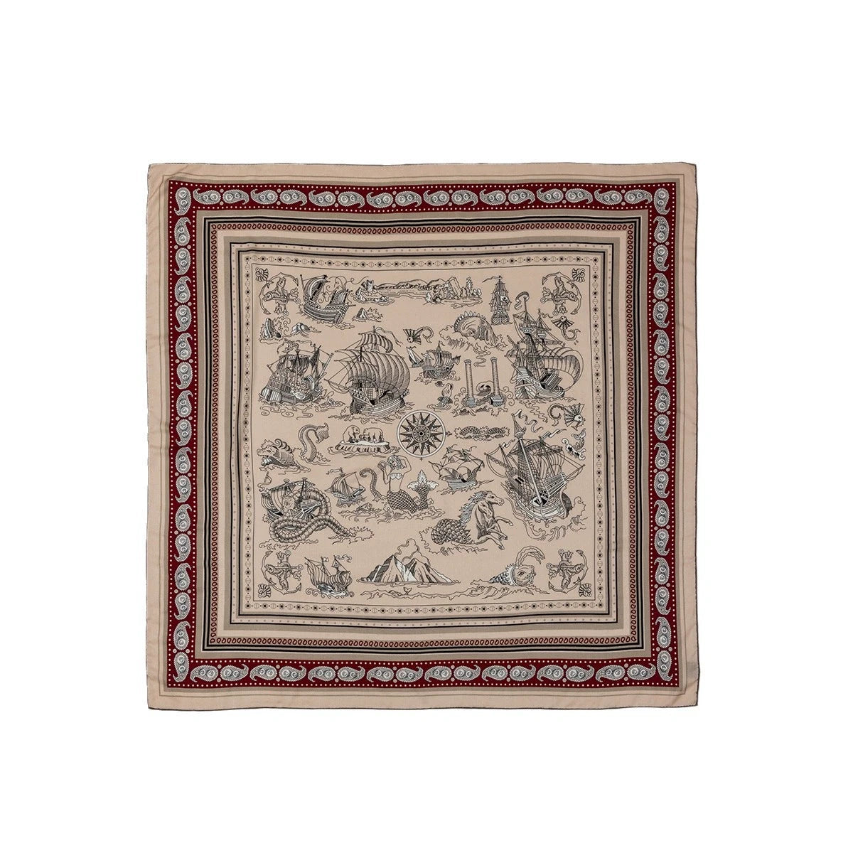 Silk Wool Square Scarf - Nautical Fantasy Print，featuring ships, sea creatures, and a red paisley border on a beige background.