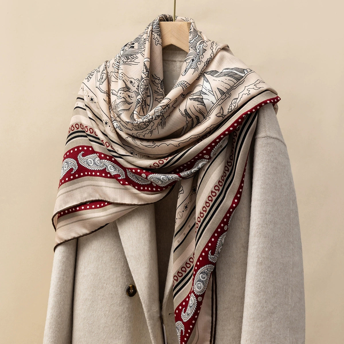 Silk Wool Square Scarf - Nautical Fantasy Print | Burgundy, draped on a beige coat, showcasing nautical and fantasy designs.