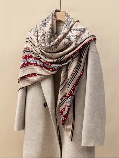 Silk Wool Square Scarf - Nautical Fantasy Print | Burgundy, draped on a beige coat, showcasing nautical and fantasy designs.