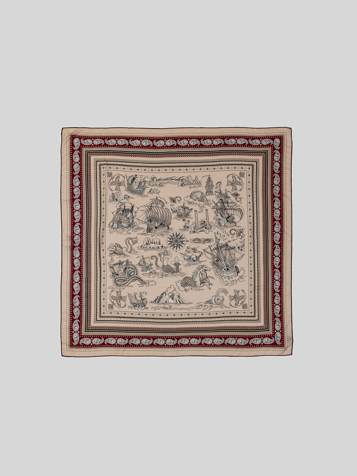 Silk Wool Square Scarf - Nautical Fantasy Print | Burgundy, flat lay with ships, sea monsters, and a red paisley border.