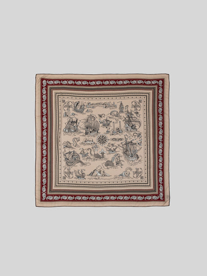 Silk Wool Square Scarf - Nautical Fantasy Print | Burgundy, flat lay with ships, sea monsters, and a red paisley border.