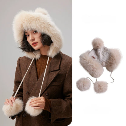 Cashmere Knit Hat with Fox Fur Trim – Cream Beige Elegance OESLO