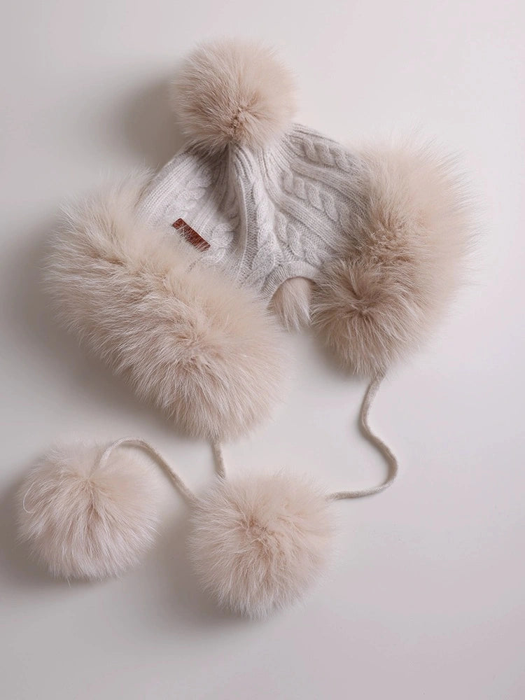 Cashmere Knit Hat with Fox Fur Trim – Cream Beige Elegance