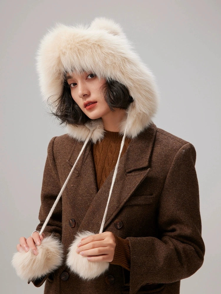 Cashmere Knit Hat with Fox Fur Trim – Cream Beige Elegance