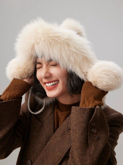 Cashmere Knit Hat with Fox Fur Trim – Cream Beige Elegance OESLO