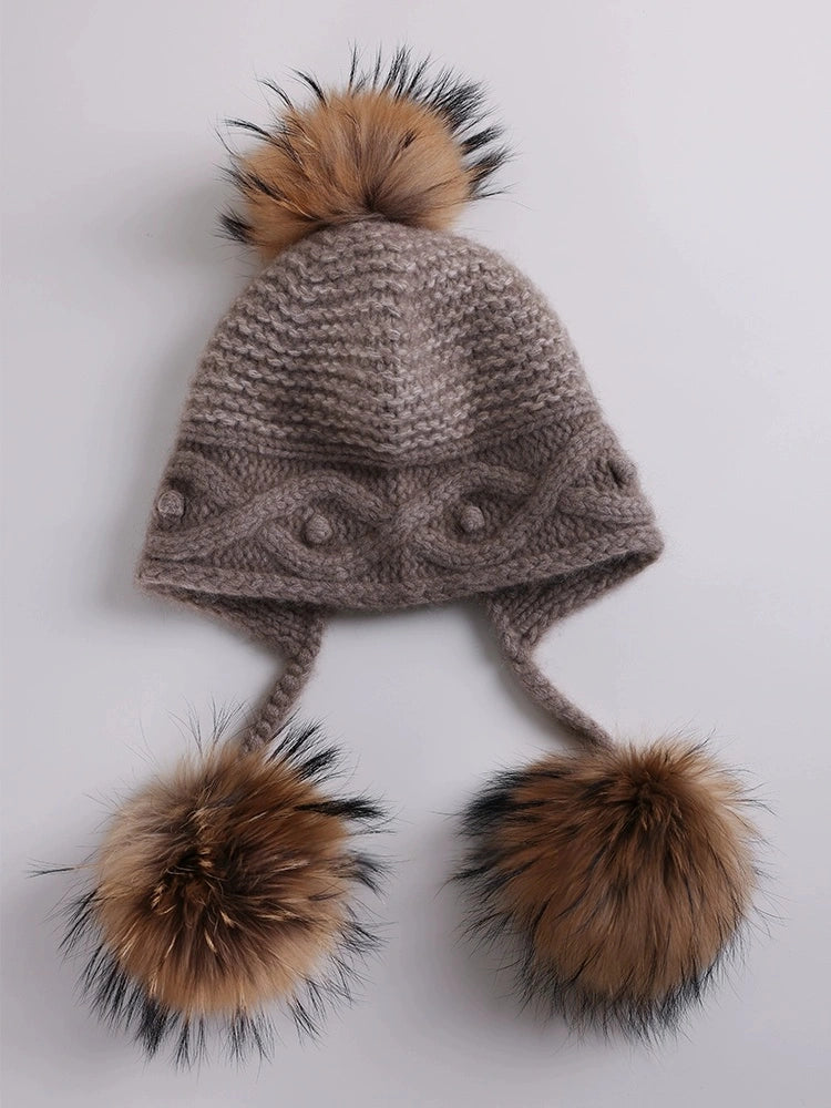 Cashmere Knit Hat with Ear Flaps – Vintage Beige & Taupe Brown