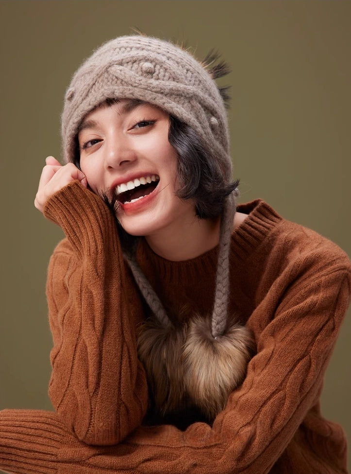 Cashmere Knit Hat with Ear Flaps – Vintage Beige & Taupe Brown