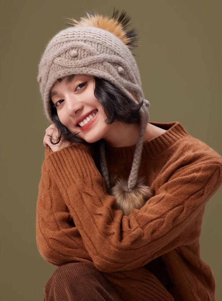 Cashmere Knit Hat with Ear Flaps – Vintage Beige & Taupe Brown