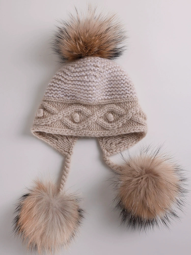 Cashmere Knit Hat with Ear Flaps – Vintage Beige & Taupe Brown OESLO