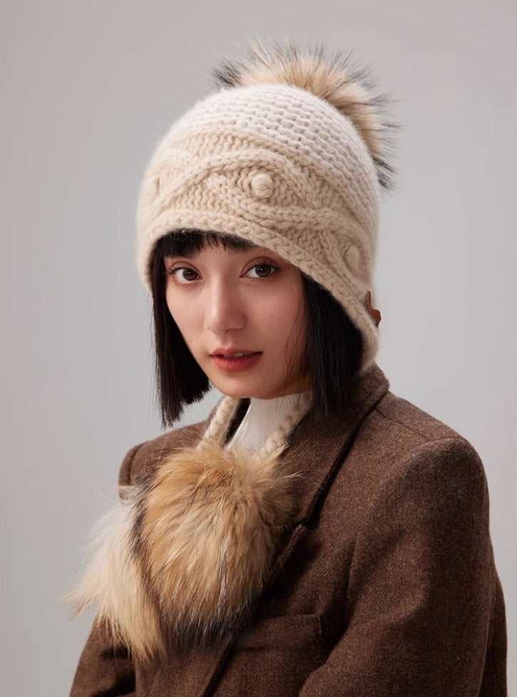 Cashmere Knit Hat with Ear Flaps – Vintage Beige & Taupe Brown OESLO