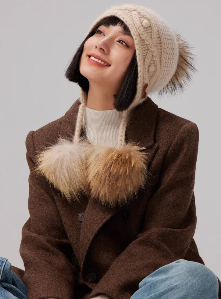 Cashmere Knit Hat with Ear Flaps – Vintage Beige & Taupe Brown OESLO