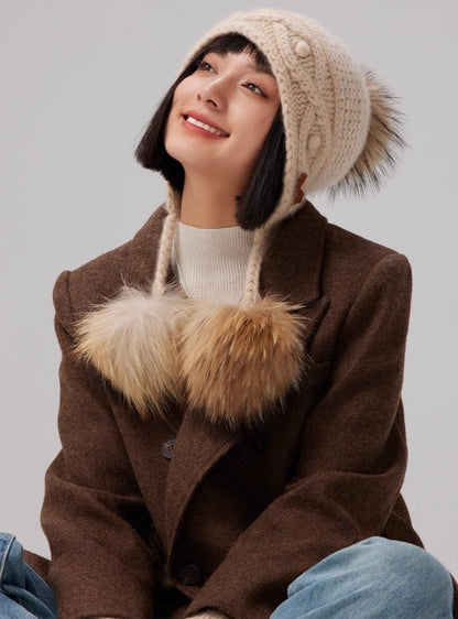 Cashmere Knit Hat with Ear Flaps – Vintage Beige & Taupe Brown OESLO