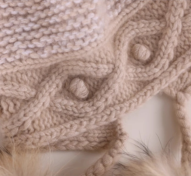 Cashmere Knit Hat with Ear Flaps – Vintage Beige & Taupe Brown