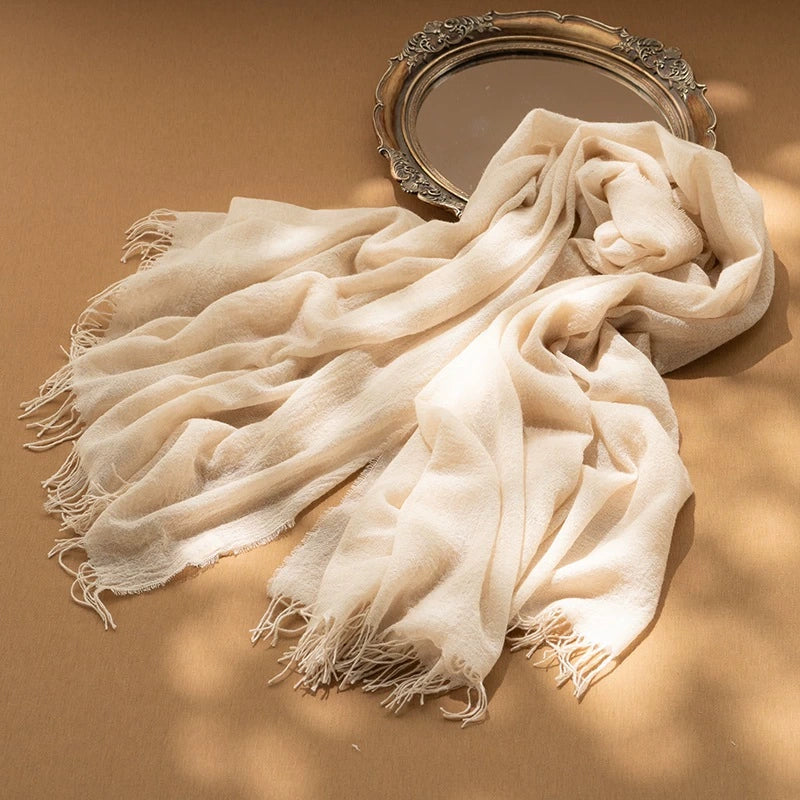 Champagne beige cashmere scarf, 100% pure cashmere, displayed flat to show its lightweight weave.