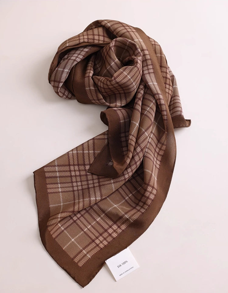 Coffee plaid long silk scarf displayed flat to show its full checked pattern