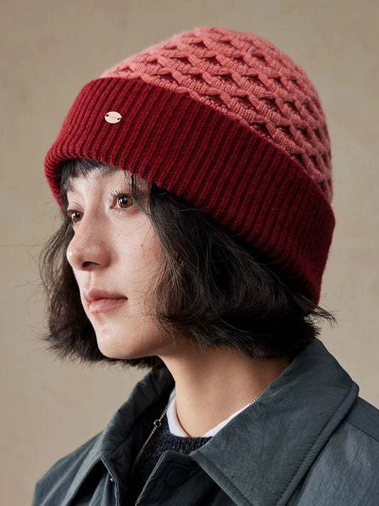 Luxury Wool Beanie – Rib Knit Winter Hat in Berry Red & Light Khaki