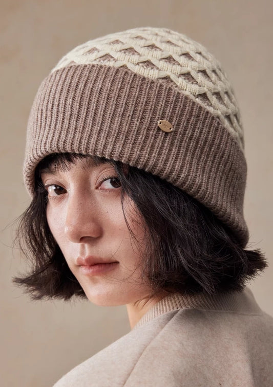 Luxury Wool Beanie – Rib Knit Winter Hat in Berry Red & Light Khaki