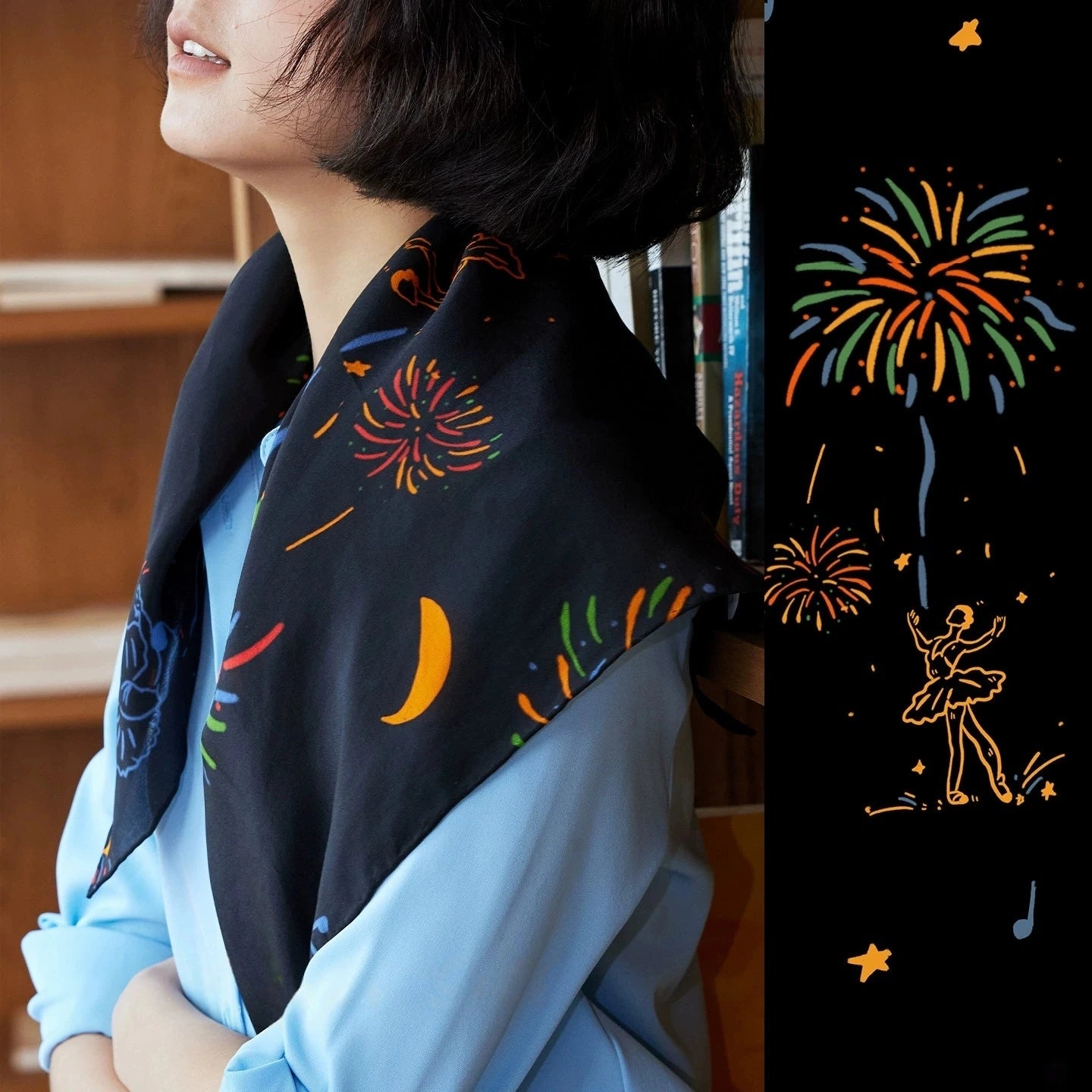 Close-up of Fireworks Ballerina silk scarf in midnight black, highlighting its intricate design and luxurious mulberry silk texture.