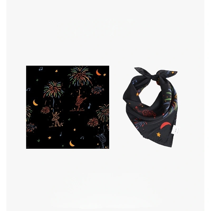 Fireworks Ballerina silk scarf in midnight black, styled creatively to showcase its artistic and luxurious appeal.