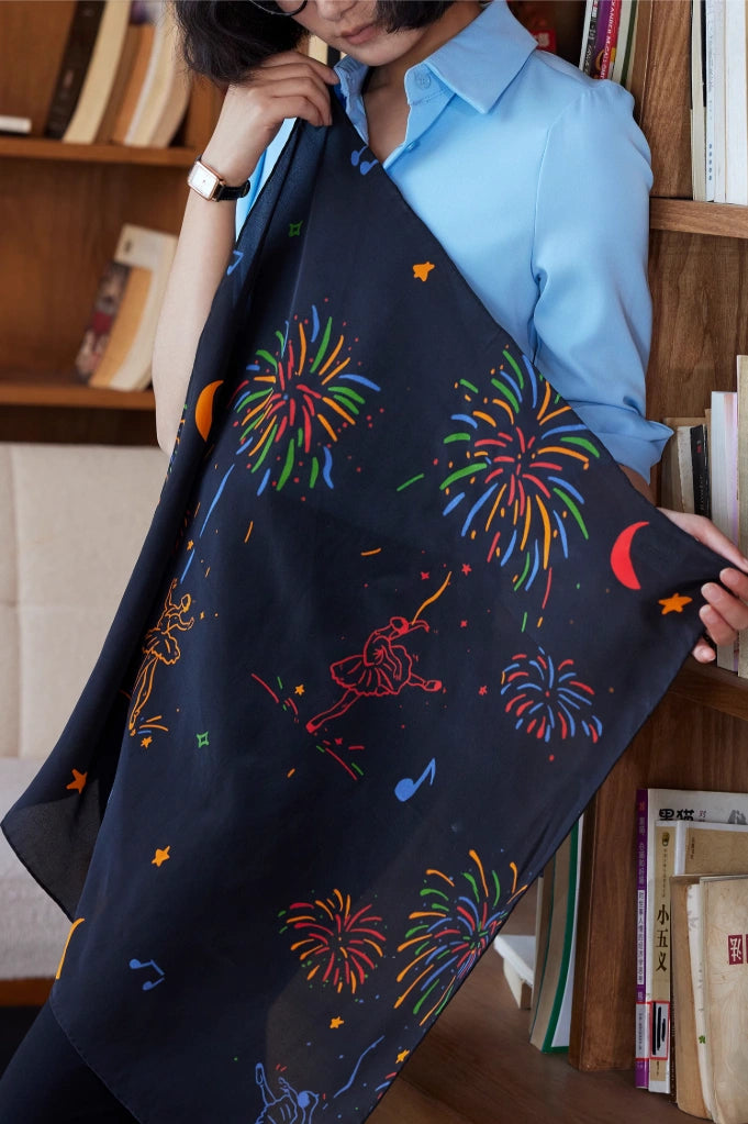 Black fireworks ballerina silk square scarf displayed open to show the artistic celebration print