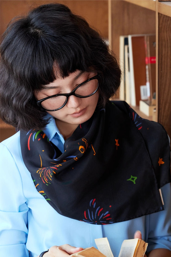 Ballet Nocturne mulberry silk square scarf tied softly around the neck for artistic styling